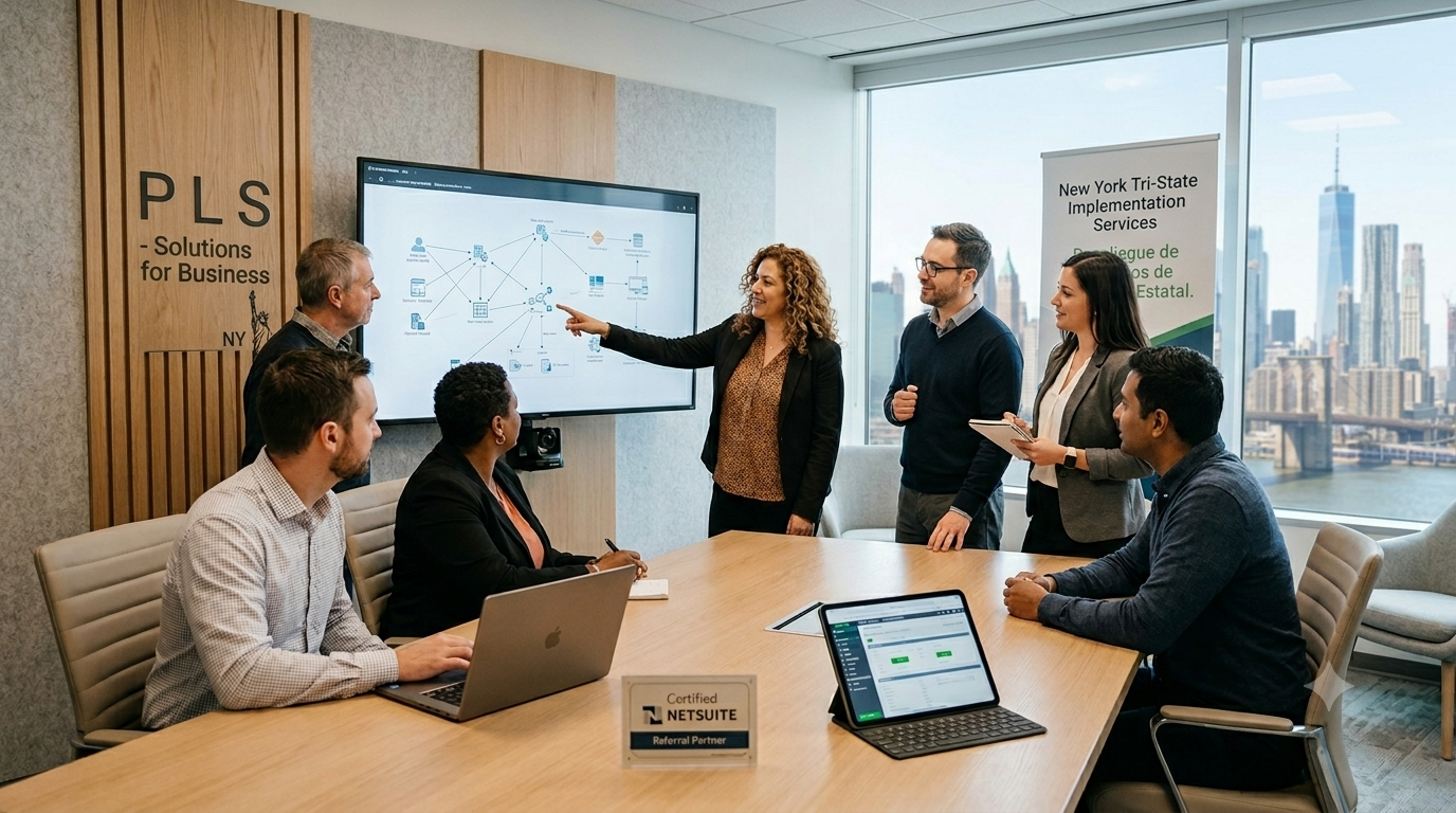 PureLogic team discussing a systems architecture diagram in a conference room